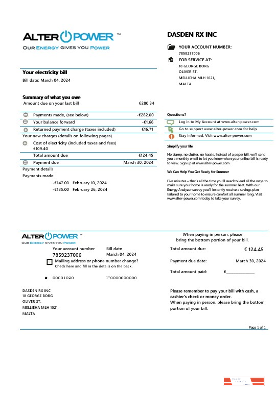 Malta AlterPower Malta proof of address business utility bill template in Word and PDF formats